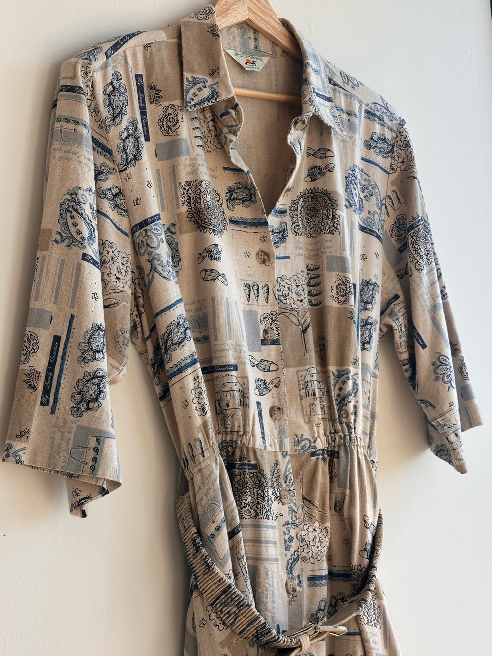 Rare Vintage Linen 70s/80s Printed Button-Front Midi Dress with Tie Waist - Picture 7 of 15